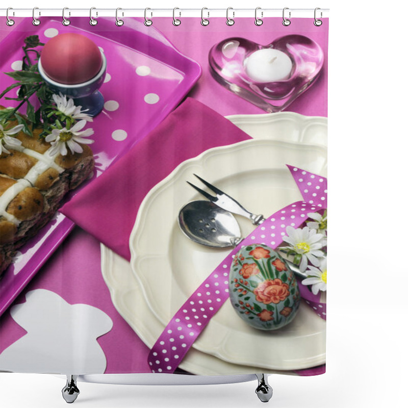 Personality  Pink Theme Happy Easter Dinner Or Breakfast Table Setting Shower Curtains