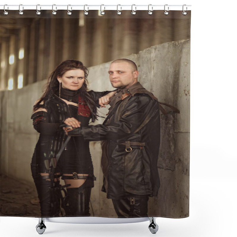 Personality  Tribal Couple In Leather Costume With A Bow Inside Abandoned Building Shower Curtains