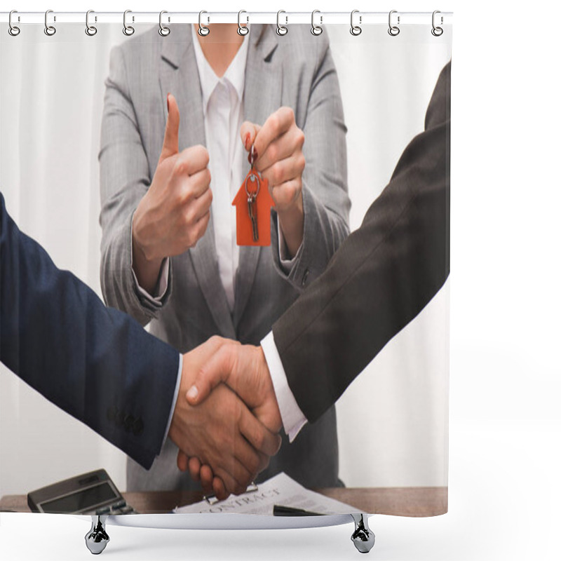 Personality  Cropped Image Of Costumer And Estate Agent Shaking Hands, Realty Buying Concept Isolated On White Shower Curtains