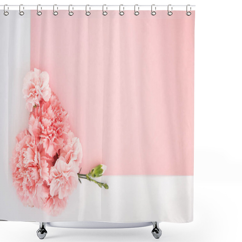 Personality  Top View Of Carnations On Pink And White Background Shower Curtains