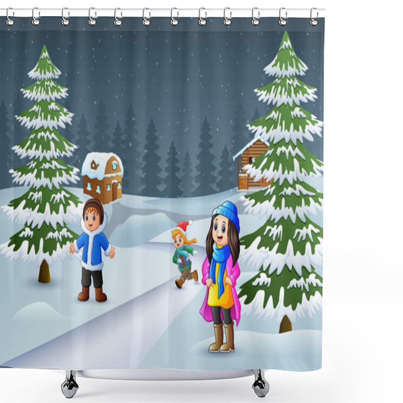 Personality  Happy Kids To Wear Winter Clothes And Play In A Village Environment Shower Curtains