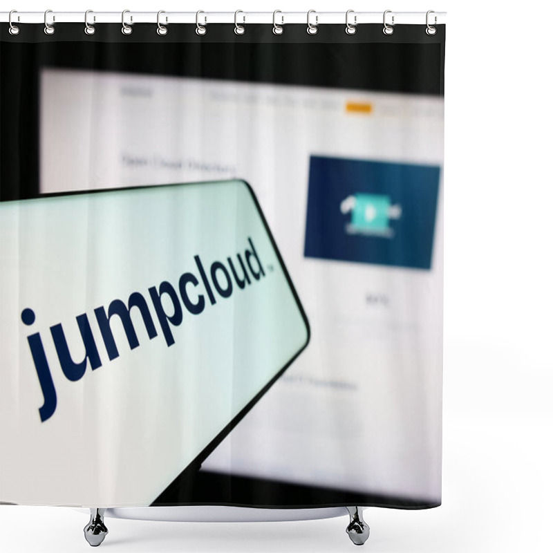 Personality  Stuttgart, Germany - 05-27-2024: Smartphone With Logo Of American Cloud Software Company JumpCloud Inc. In Front Of Business Website. Focus On Left Of Phone Display. Shower Curtains