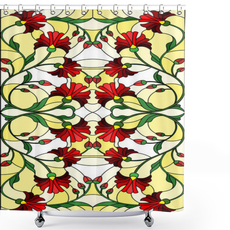 Personality  Illustration In Stained Glass Style With  Red Flowers, Leaves And Buds  On A Yellow Background, Symmetrical Image, Vertical Orientation Shower Curtains