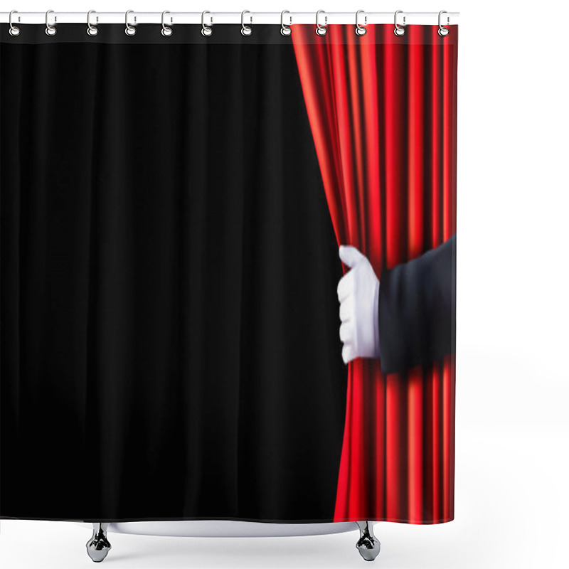 Personality  Background With Red Velvet Curtain And Hand. Vector Illustration Shower Curtains