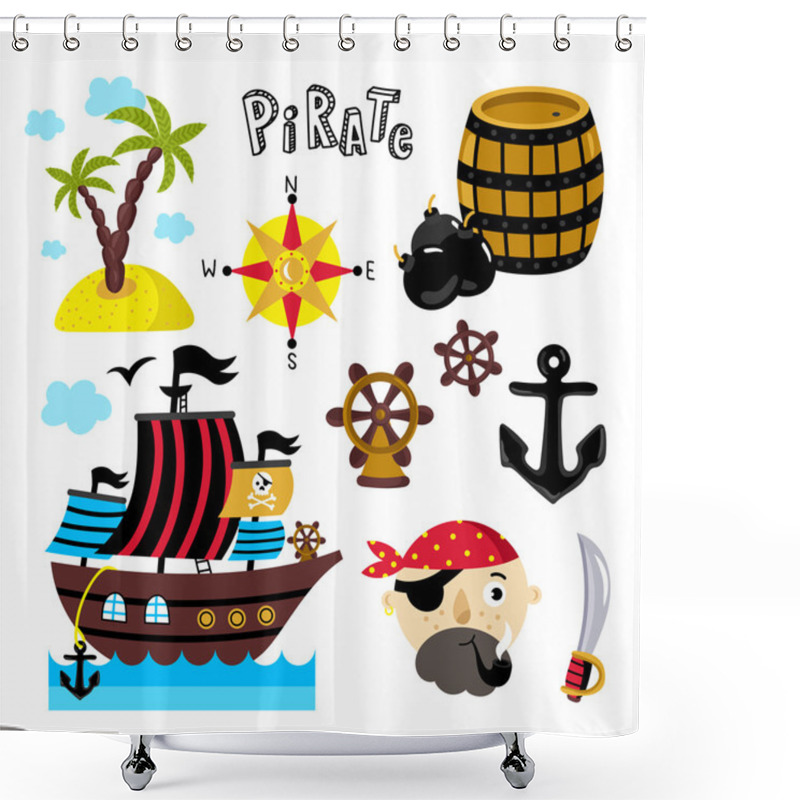 Personality  Funny Pirate Elements Isolated On White Background Shower Curtains