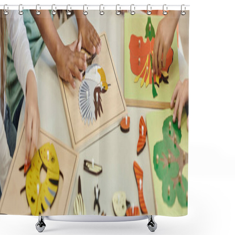 Personality  Partial View Of Kids Playing With Didactic Materials During Lesson In Montessori School, Banner Shower Curtains