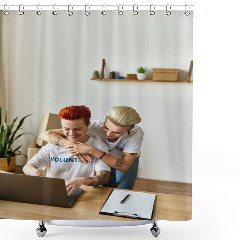 Personality  Two Women, Volunteers In Matching Shirts, Working On A Laptop Together At A Table. Shower Curtains