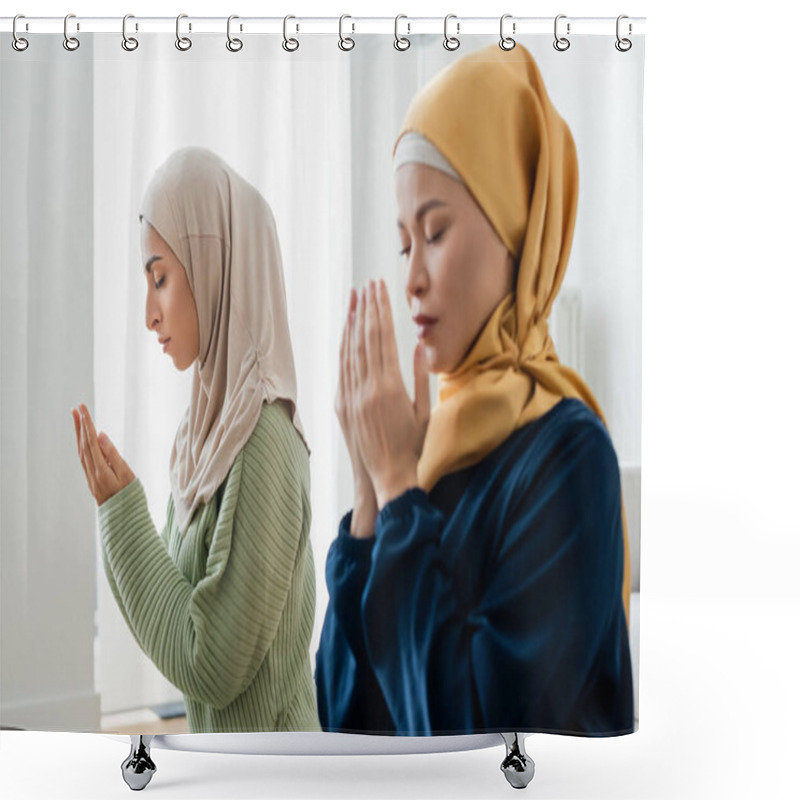 Personality  Young Arabian Woman Praying Near Blurred Asian Mom At Home  Shower Curtains