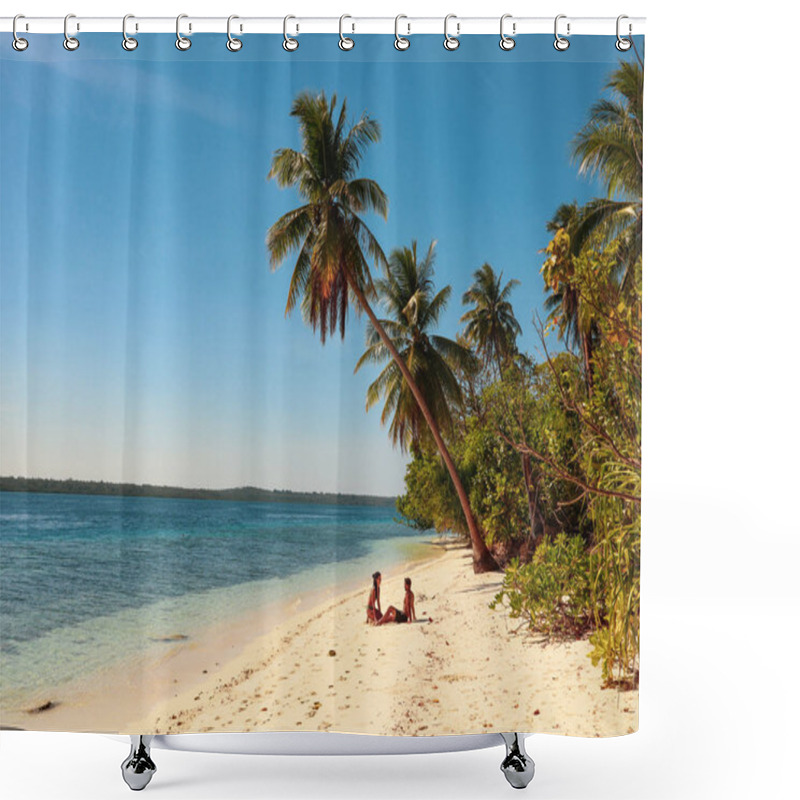 Personality  Lovely Couple Relaxing At The White Sandy Beach With Palm Trees In Onok Island In Balabac Palawan In Philippines Shower Curtains