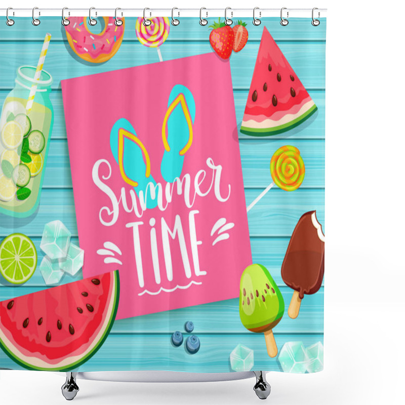 Personality  Summer Time Lettering On Blue  Shower Curtains