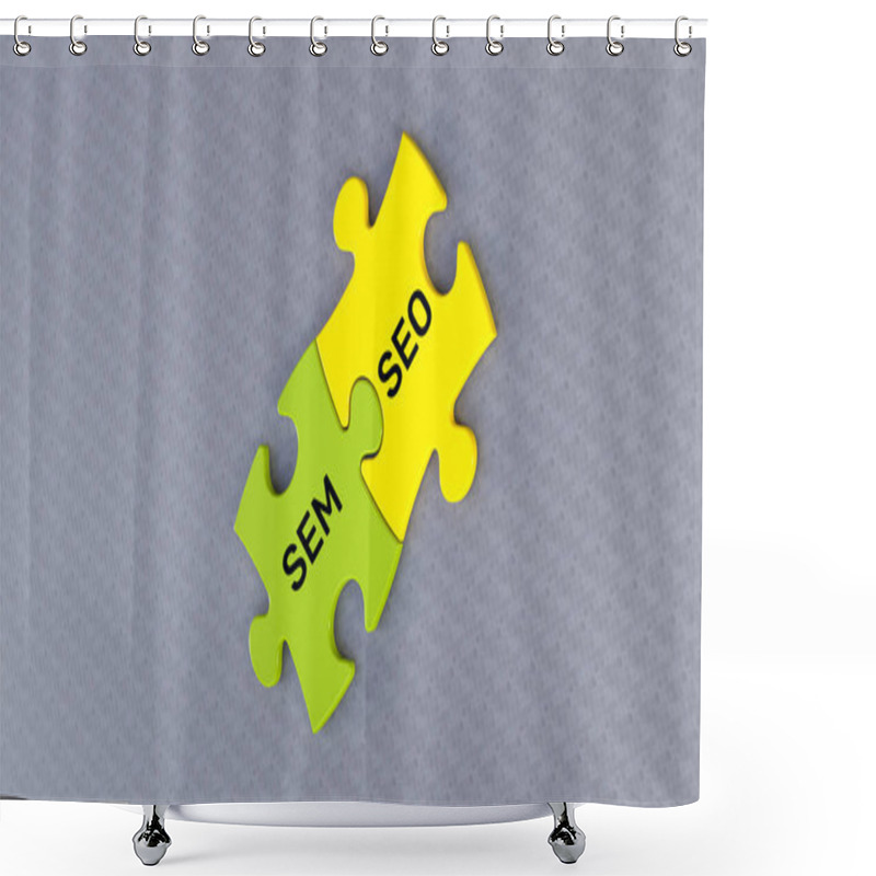 Personality  SEM And SEO Text Message On Jigsaw Puzzle. Gray Background And Green Yellow Puzzle Shower Curtains