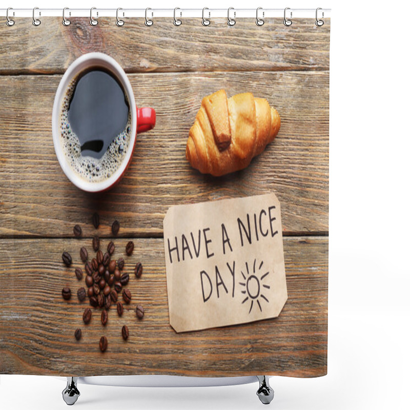 Personality  Cup Of Coffee And Fresh Croissant On Wooden Table, Top View Shower Curtains