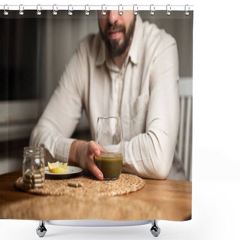 Personality  Kratom Consumption Concept:  Male Bearded Hipster Holds A Ready To Drink Glass Of Green Liquid, Powdered Kratom Melted In Hot Water, Kratom Tea, Close Up Photo, Selective Focus Shower Curtains