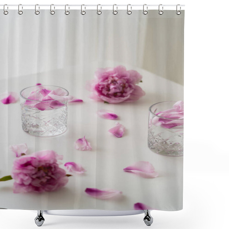 Personality  Fresh Peonies And Petals Near Glasses With Gin Tonic On White Tabletop And Grey Background Shower Curtains