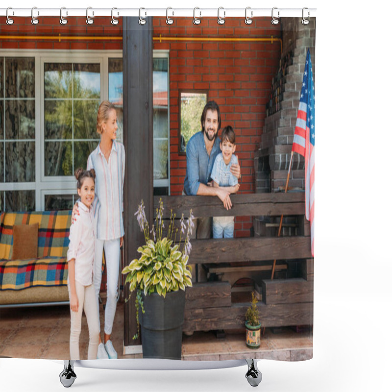 Personality  Parents And Children Standing On Country House Porch Shower Curtains