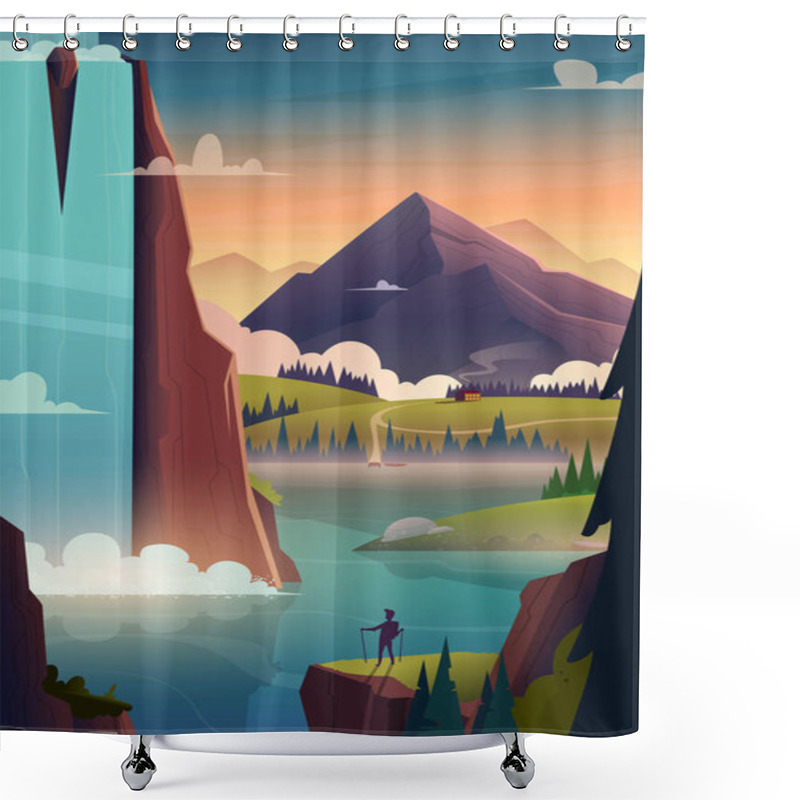 Personality  Modern Cartoon Poster Of Waterfall And Lake In The Mountains At Sunrise With Silhouette Of Human On Rock In Front. Shower Curtains