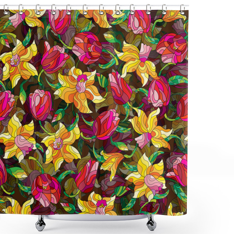 Personality  Seamless Background With Spring Flowers In Stained Glass Style, Flowers, Buds And Leaves Of Daffodils And Tulips Shower Curtains