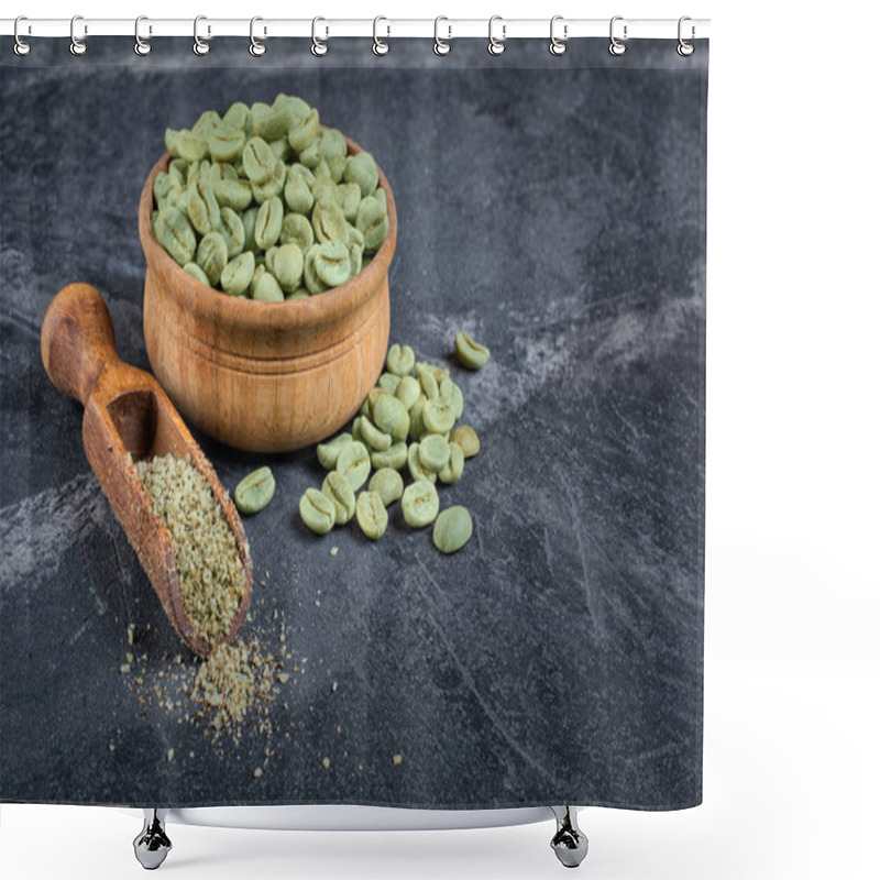 Personality  Raw Green Unroasted Coffee In Wooden Bowl With Ground Beans In Wood Scoop On Black Marble Background With Copy Space Shower Curtains