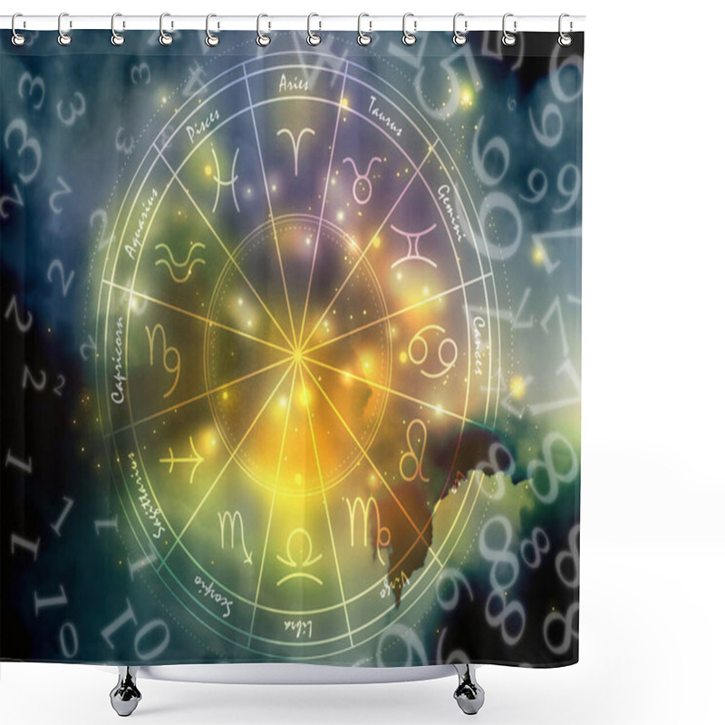 Personality  Numerology. Many Numbers And Zodiac Wheel Against Sky Shower Curtains