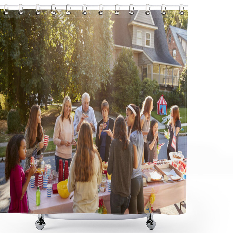 Personality  Neighbours Talk And Eat Around A Table At A Block Party Shower Curtains