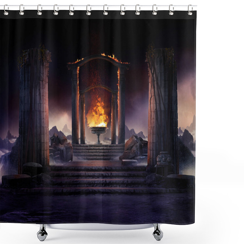 Personality  The Eternal Fire, Dark Atmospheric Landscape With Stairs To Ancient Columns And Font Of Fire, Fantasy Background Shower Curtains