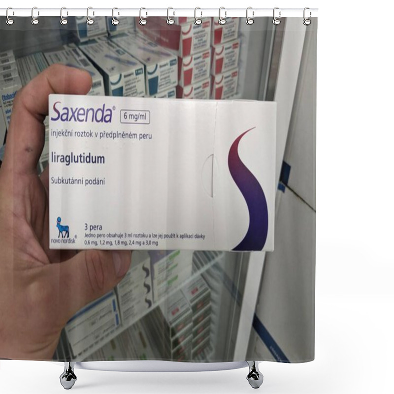 Personality  Prague,Czech Republic-June 28 2024: SAXENDA Box Of Medication Injection With Liraglutide Active Substance By Novo Nordisk,used For Treatment Of Obesity, Weight Management, Diabetes-GLP Shower Curtains