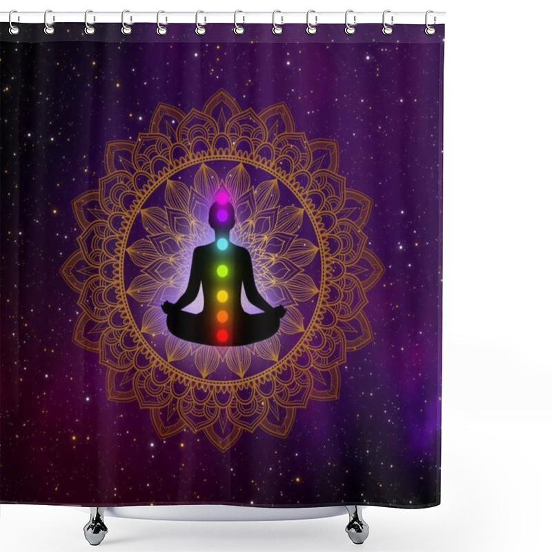 Personality  Abstract Meditation Man With Seven Chakras And Luxury Mandala In The Galaxy Illustration Design Background. Shower Curtains