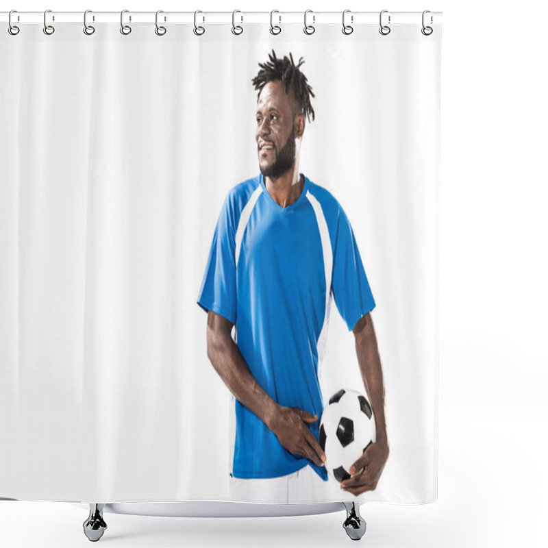 Personality  Handsome Smiling African American Soccer Player Holding Ball And Looking Away Isolated On White Shower Curtains