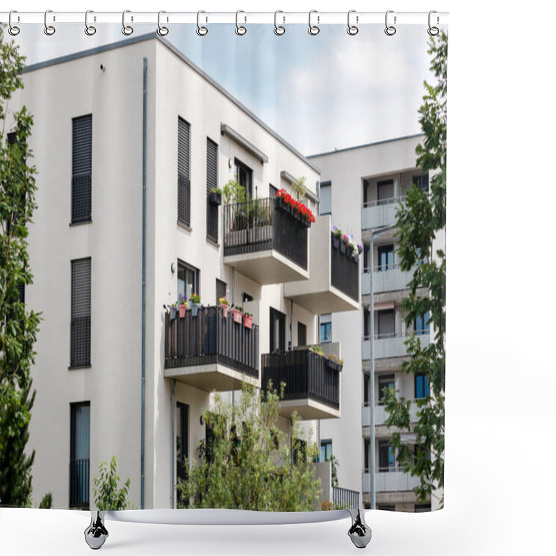 Personality  Modern Facade Building With  Modern Balconies Of Multifamily Apartment Buildings. Newly Residential Low Rise White Apartment Block Close Up. Shower Curtains