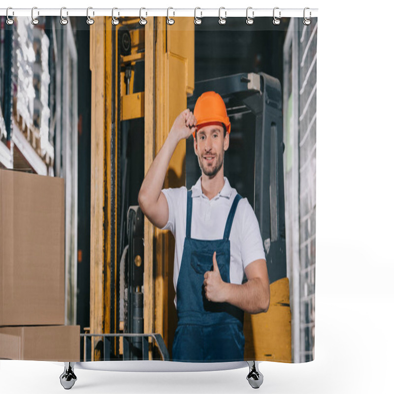 Personality  Smiling Warehouse Worker Touching Helmet And Showing Thumb Up While Standing Near Forklift Loader Shower Curtains