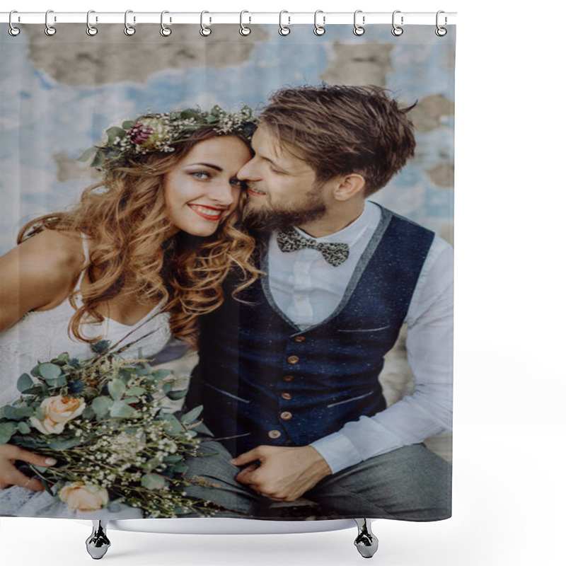 Personality  Beautiful Bride And Groom In Front Of Old Shabby House. Shower Curtains