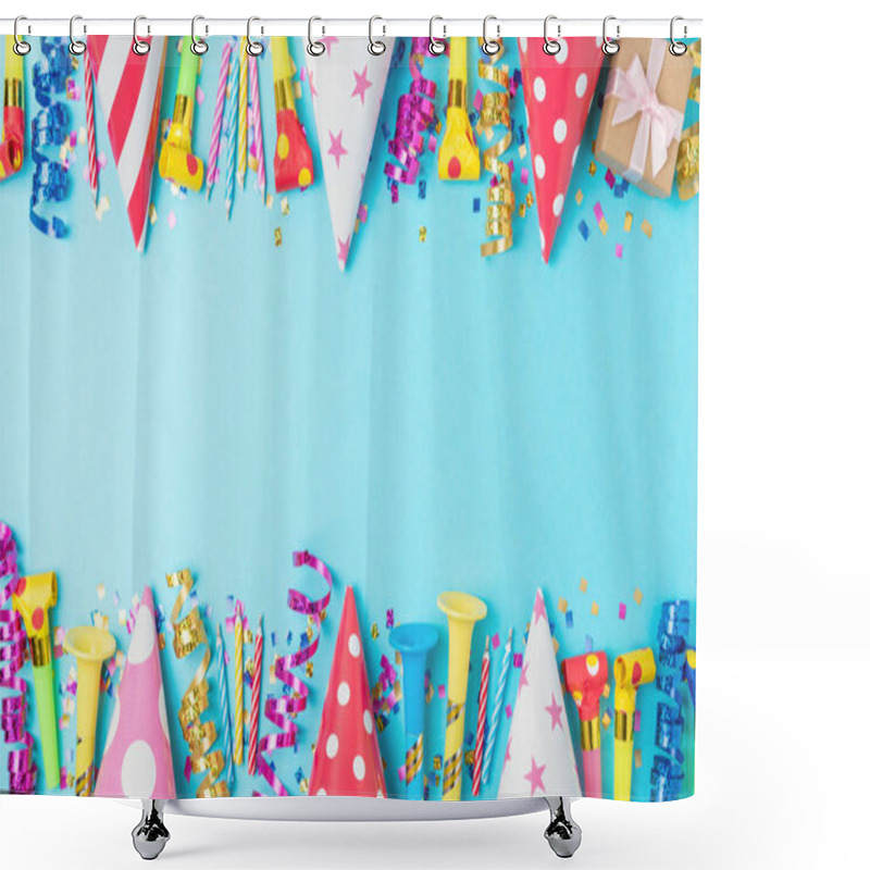 Personality  Colorful Celebration Background With Various Party Confetti, Streamers And Decoration. Minimal Party Concept. Flat Lay. Shower Curtains