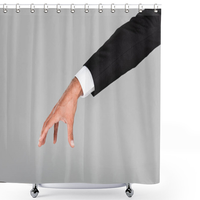 Personality  Cropped View Of Businessman Hand Gesturing Isolated On Grey Shower Curtains