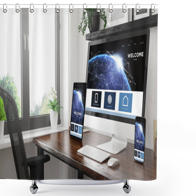 Personality  Black And White Desktop With Three Devices Showing Landing Page  Shower Curtains