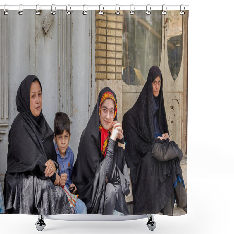 Personality  Muslim Women With Child Sitting At Bus Stop, Kashan, Iran. Shower Curtains