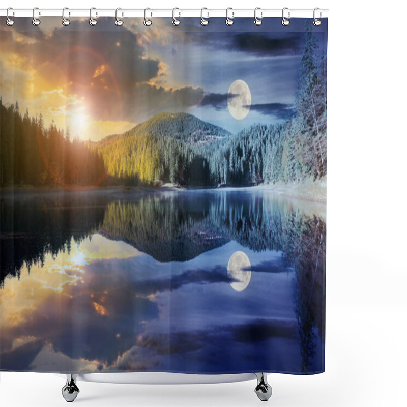 Personality  Day And Night Time Change Concept Above Mountain Lake Among The Forest. Trees In Colorful Foliage. Beautiful Landscape In Autumn. Clouds And Sky With Sun And Moon Reflecting In The Water Shower Curtains