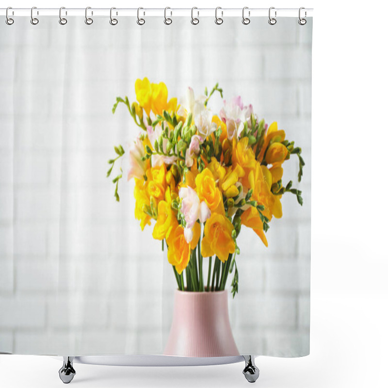 Personality  Beautiful Blooming Freesias In Vase Against White Brick Wall. Space For Text Shower Curtains