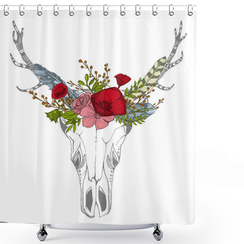 Personality  Cow, Buffalo, Bull Skull In Tribal Style With Flowers. Bohemian, Boho Vector Illustration. Wild And Free Ethnic Gypsy Symbol. Shower Curtains