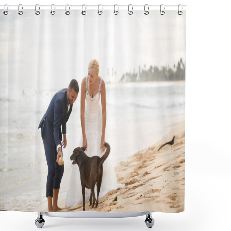 Personality  Bride And Groom Playing On The Beach Shower Curtains