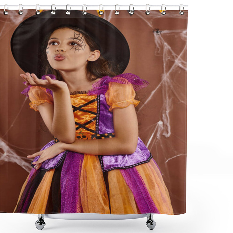 Personality  Cute Girl In Witch Costume And Pointed Hat Sending Air Kiss On Brown Backdrop, Halloween Concept Shower Curtains