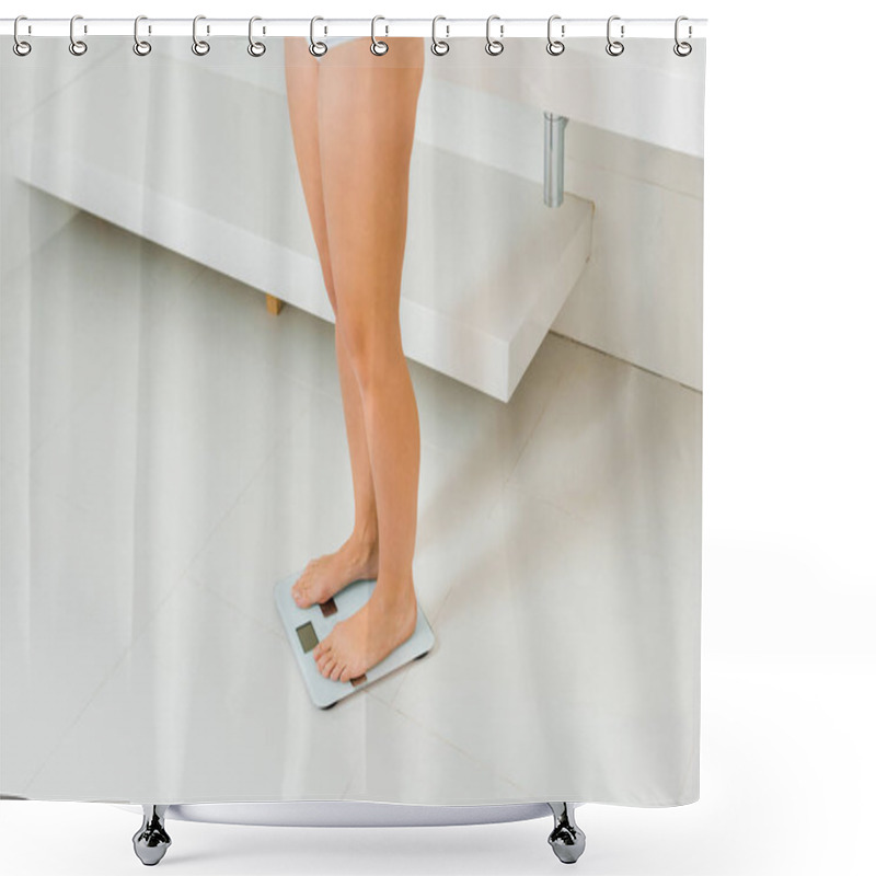 Personality  Partial View Of Young Adult Woman Standing On Scales In Bathroom  Shower Curtains