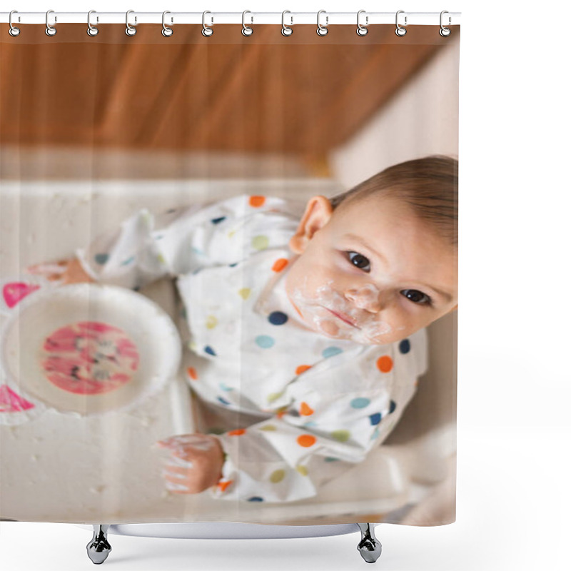 Personality  A Little Baby Eating Her Dinner And Making A Mess Shower Curtains