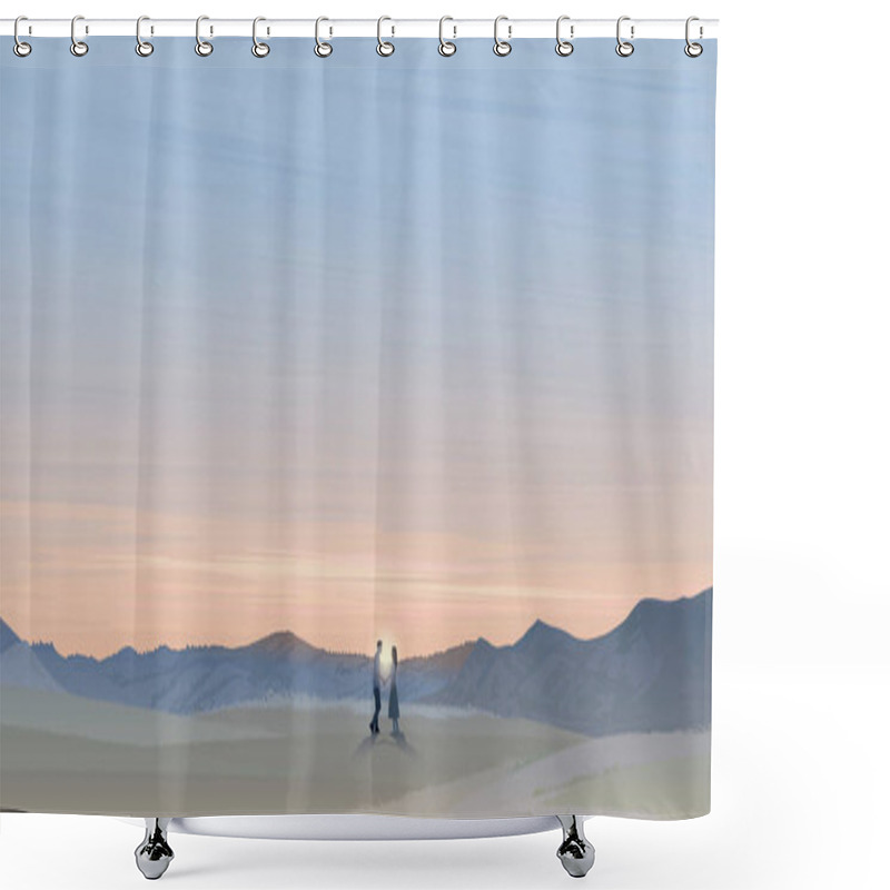 Personality  Silhouette Grass Hill Landscape With Couple Of Lover Hand Holding Together Have Mountain Ranges And Sunset Sky Background. Valentine's Day Greeting Card Template. Shower Curtains