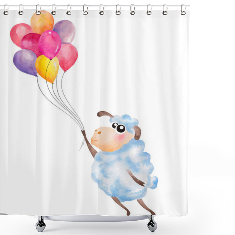 Personality  Watercolor Cute Cartoon Sheep Flying With Air Balloons. Hand Drawn Illustration, Can Be Used For Kid's Or Baby's Shirt Design, Fashion Print Design. Happy Birthday Greeting Card Shower Curtains