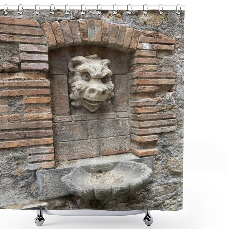 Personality  Ancient Stone Fountain With Grotesque Gargoyle Head Mounted In Brick-framed Niche. Weathered Stone Basin Below. Medieval Architectural Detail Showing Historic Craftsmanship And European Character. Shower Curtains