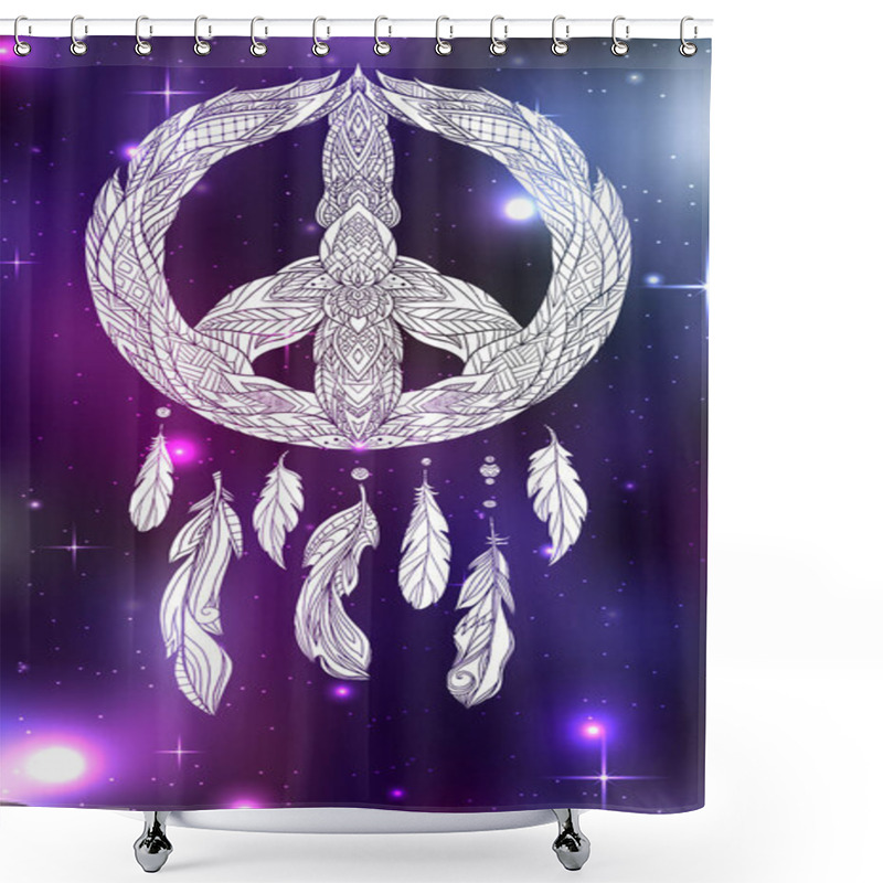 Personality  Hand Drawn Boho Illustration Of Dream Catcher With Pacific Sign And Feathers On Cosmic Background. Vector Mystic Illustration For Printing On A T-shirt, Postcard, Cover And For Your Creativity Shower Curtains