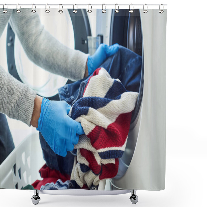 Personality  Closeup Of A Young Caucasian Man, Wearing Blue Latex Gloves, Putting Clothes Into The Washing Machine Shower Curtains