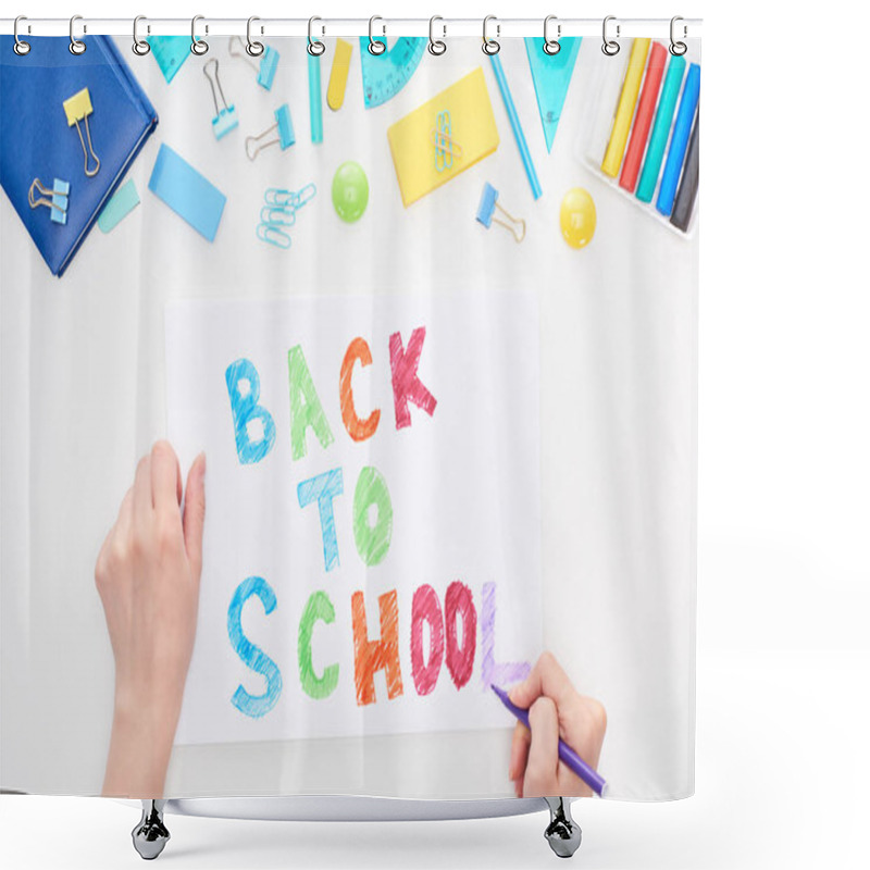 Personality  Cropped Image Of Schoolgirl Writing On Card With Back To School Text Isolated On White Shower Curtains