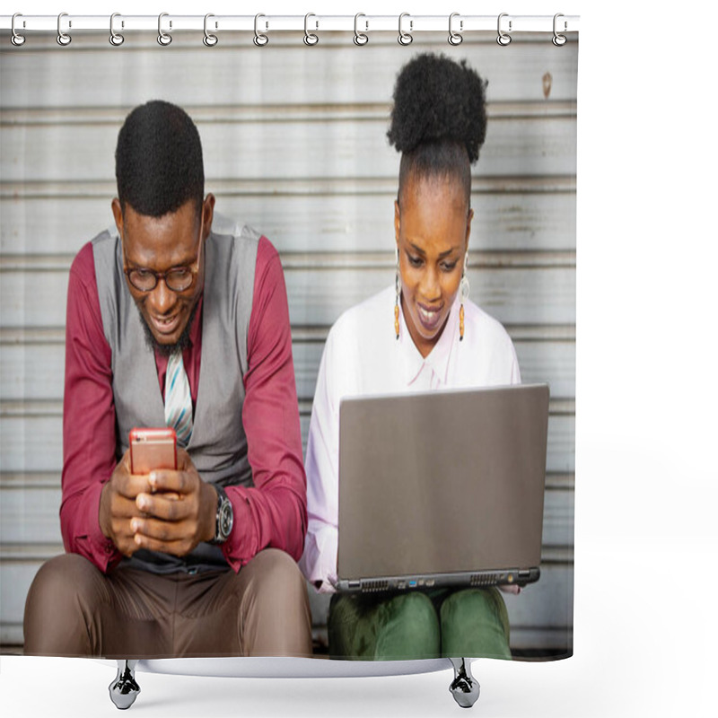 Personality  Two African Businessmen Looking For Information On A Mobile Phone Webpage, Sitting At A Table With A Laptop And A . Colleagues Checking Their Email On The Cell Phone Shower Curtains