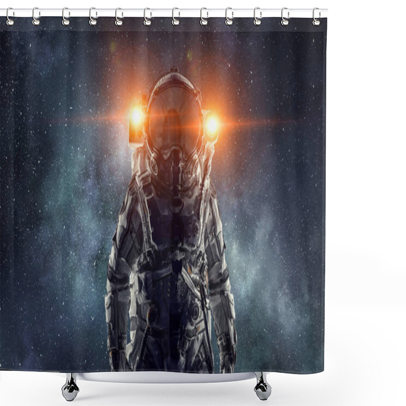 Personality  Adventure Of Spaceman. Mixed Media Shower Curtains